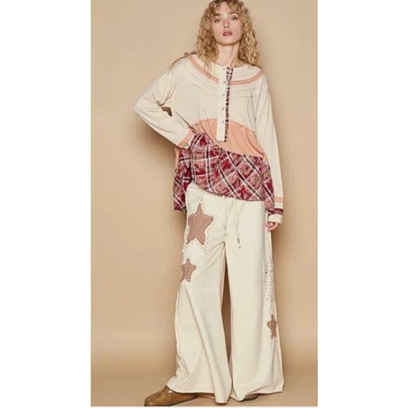 Pol Large Plaid Buton Down Pink Cream Red Long Sleeve Thermal - Picture 2 of 3